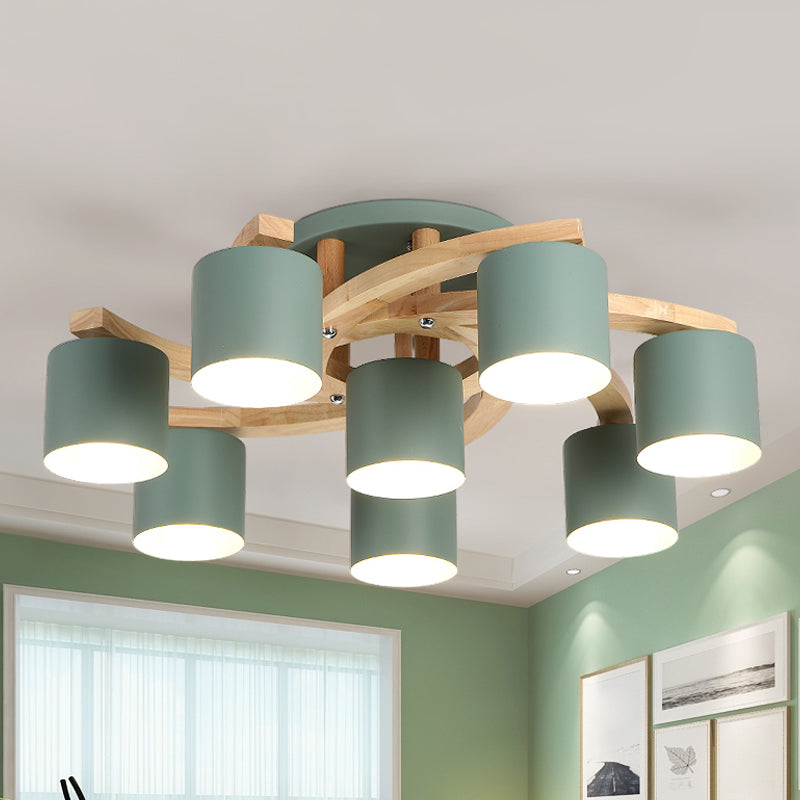 Cylinder Shade Semi Ceiling Mount Light Nordic Metal Flush Light for Living Room Villa 8 Green Clearhalo 'Ceiling Lights' 'Close To Ceiling Lights' 'Close to ceiling' 'Semi-flushmount' Lighting' 1871041