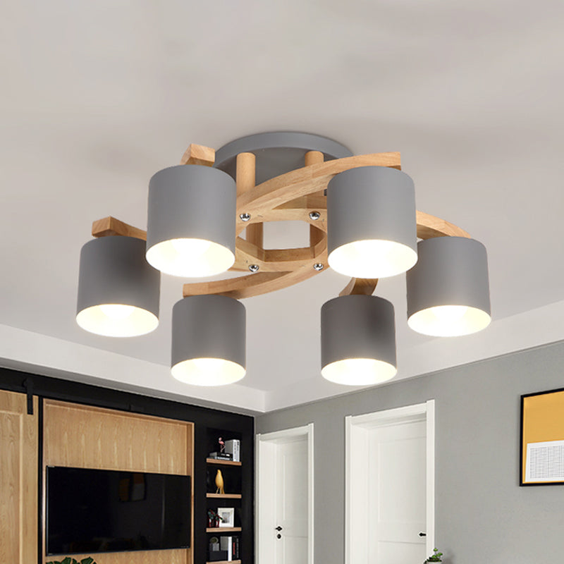 Cylinder Shade Semi Ceiling Mount Light Nordic Metal Flush Light for Living Room Villa 6 Grey Clearhalo 'Ceiling Lights' 'Close To Ceiling Lights' 'Close to ceiling' 'Semi-flushmount' Lighting' 1871050