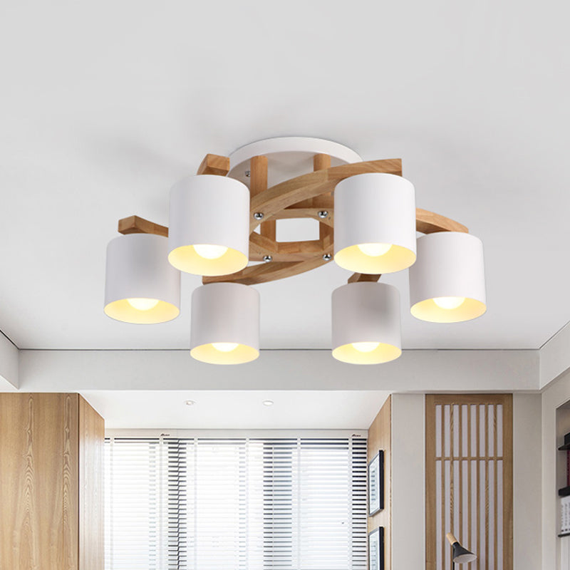 Cylinder Shade Semi Ceiling Mount Light Nordic Metal Flush Light for Living Room Villa 6 White Clearhalo 'Ceiling Lights' 'Close To Ceiling Lights' 'Close to ceiling' 'Semi-flushmount' Lighting' 1871062