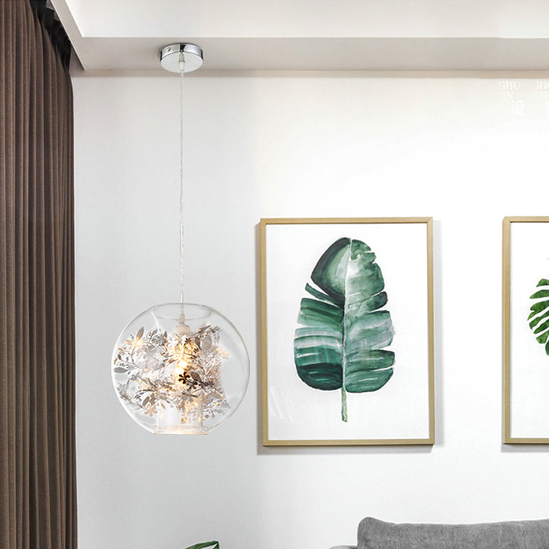 Living Room Orb Shade Pendant Light Transparent Glass One Head Contemporary Suspension Light Clearhalo 'Ceiling Lights' 'Glass shade' 'Glass' 'Modern Pendants' 'Modern' 'Pendant Lights' 'Pendants' Lighting' 1871071