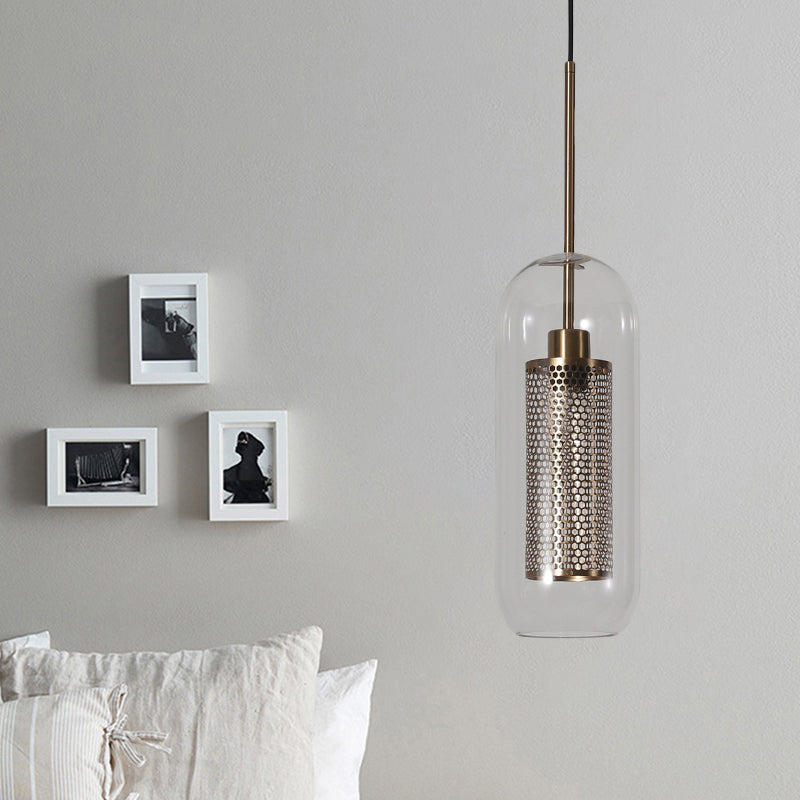 Capsule Shape Hanging Light 1 Light Modern Clear Glass Ceiling Lamp with Mesh Screen for Balcony Brass Clearhalo 'Ceiling Lights' 'Glass shade' 'Glass' 'Modern Pendants' 'Modern' 'Pendant Lights' 'Pendants' Lighting' 1871102