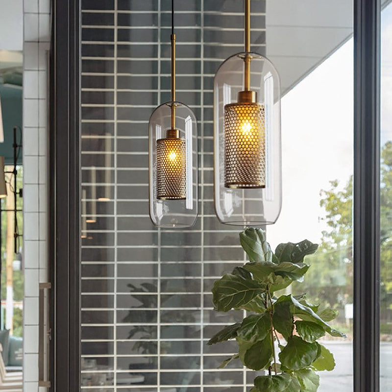 Capsule Shape Hanging Light 1 Light Modern Clear Glass Ceiling Lamp with Mesh Screen for Balcony Clearhalo 'Ceiling Lights' 'Glass shade' 'Glass' 'Modern Pendants' 'Modern' 'Pendant Lights' 'Pendants' Lighting' 1871103