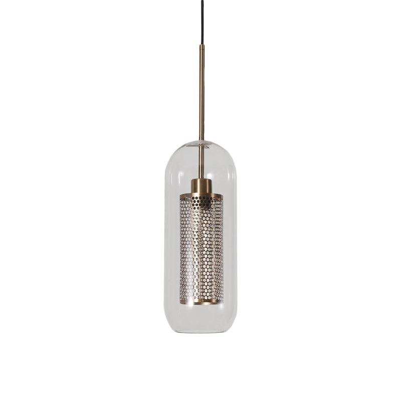 Capsule Shape Hanging Light 1 Light Modern Clear Glass Ceiling Lamp with Mesh Screen for Balcony Clearhalo 'Ceiling Lights' 'Glass shade' 'Glass' 'Modern Pendants' 'Modern' 'Pendant Lights' 'Pendants' Lighting' 1871104