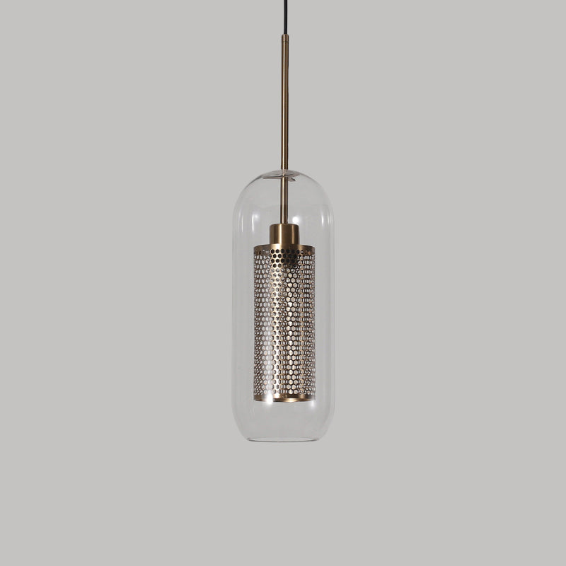 Capsule Shape Hanging Light 1 Light Modern Clear Glass Ceiling Lamp with Mesh Screen for Balcony Clearhalo 'Ceiling Lights' 'Glass shade' 'Glass' 'Modern Pendants' 'Modern' 'Pendant Lights' 'Pendants' Lighting' 1871105