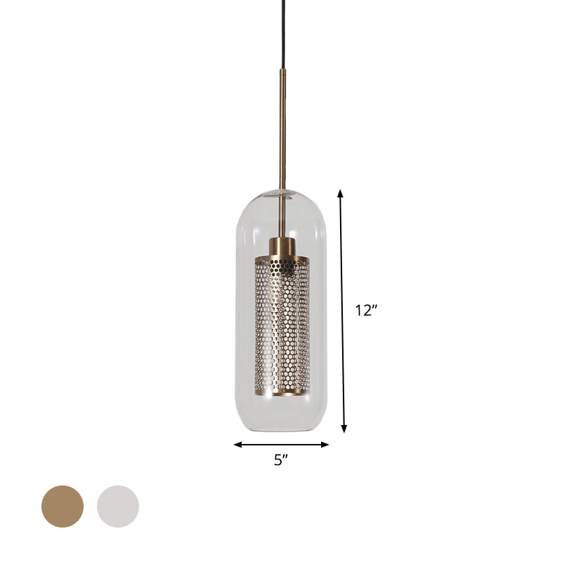 Capsule Shape Hanging Light 1 Light Modern Clear Glass Ceiling Lamp with Mesh Screen for Balcony Clearhalo 'Ceiling Lights' 'Glass shade' 'Glass' 'Modern Pendants' 'Modern' 'Pendant Lights' 'Pendants' Lighting' 1871106