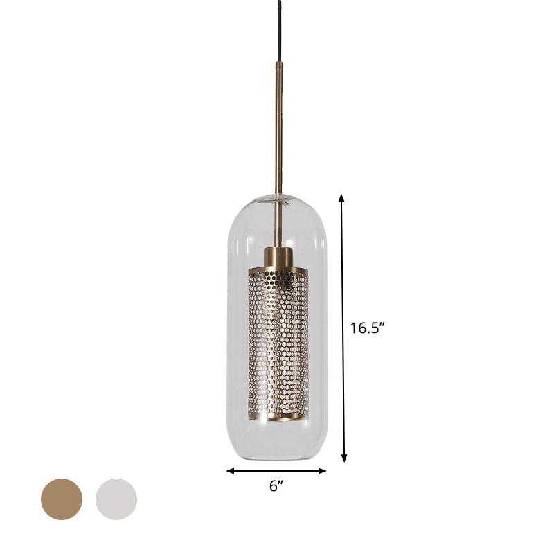 Capsule Shape Hanging Light 1 Light Modern Clear Glass Ceiling Lamp with Mesh Screen for Balcony Clearhalo 'Ceiling Lights' 'Glass shade' 'Glass' 'Modern Pendants' 'Modern' 'Pendant Lights' 'Pendants' Lighting' 1871107