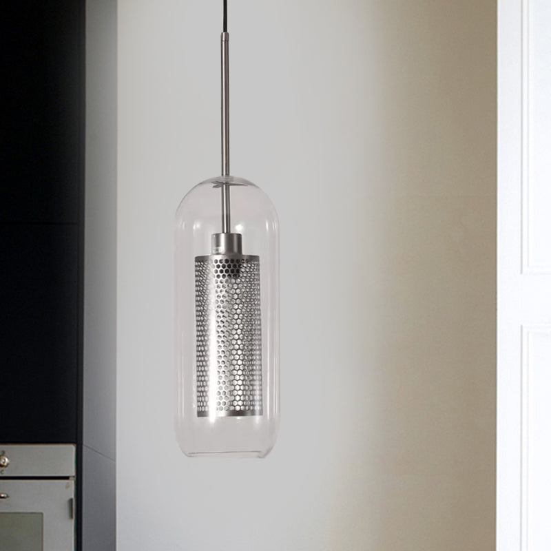 Capsule Shape Hanging Light 1 Light Modern Clear Glass Ceiling Lamp with Mesh Screen for Balcony Chrome Clearhalo 'Ceiling Lights' 'Glass shade' 'Glass' 'Modern Pendants' 'Modern' 'Pendant Lights' 'Pendants' Lighting' 1871108