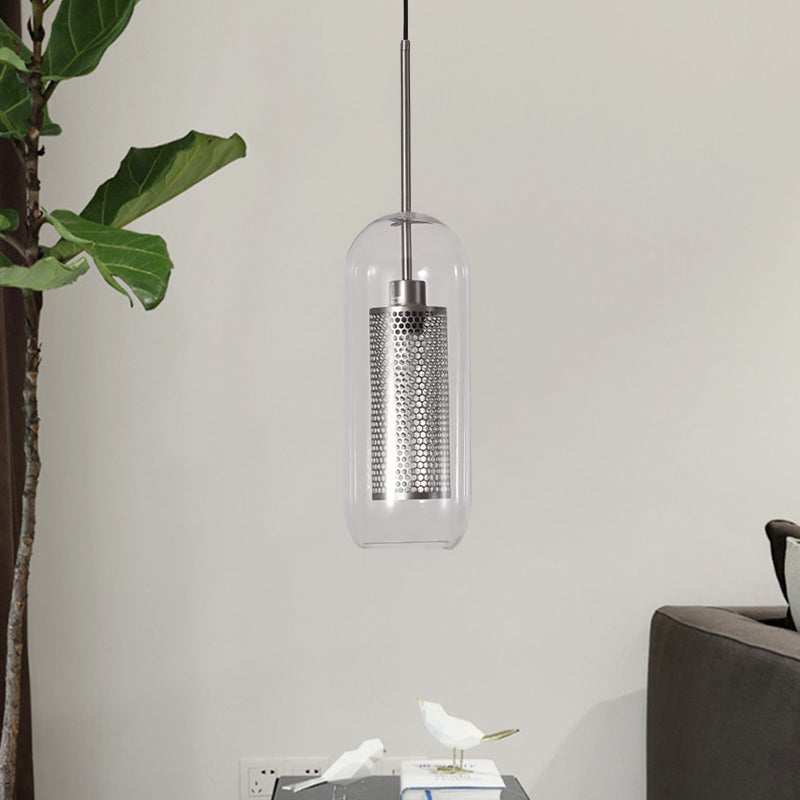 Capsule Shape Hanging Light 1 Light Modern Clear Glass Ceiling Lamp with Mesh Screen for Balcony Clearhalo 'Ceiling Lights' 'Glass shade' 'Glass' 'Modern Pendants' 'Modern' 'Pendant Lights' 'Pendants' Lighting' 1871109