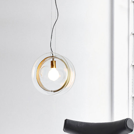 1 Head Sphere Pendant Light Contemporary Glass Pendant Lamp with Brass Ring for Restaurant Clear Clearhalo 'Ceiling Lights' 'Glass shade' 'Glass' 'Modern Pendants' 'Modern' 'Pendant Lights' 'Pendants' Lighting' 1871210