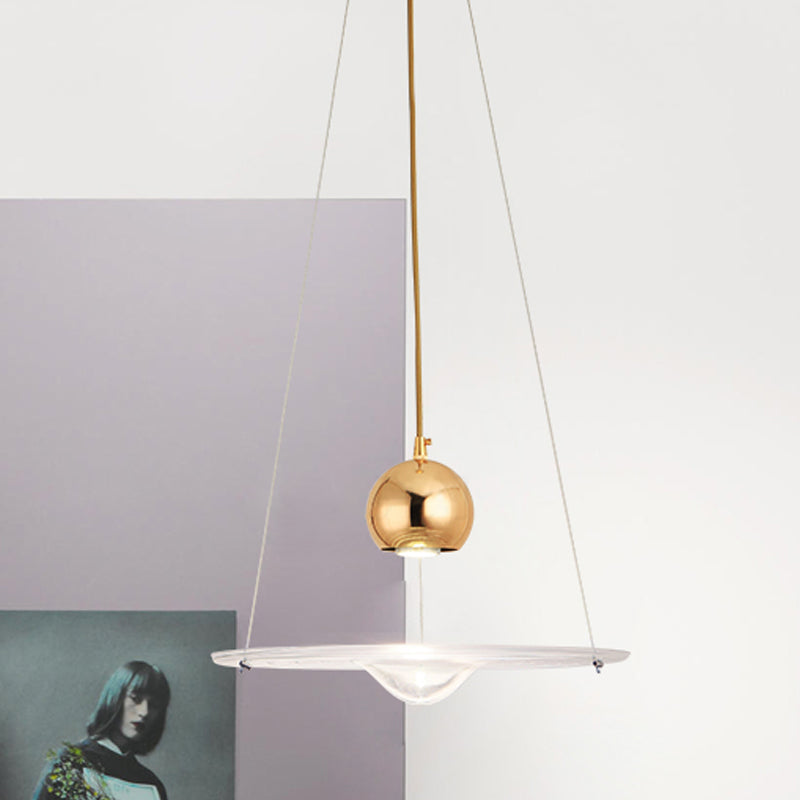 Clear Glass Disc Pendant Lamp Cafe Dining Room 1 Light Modern Hanging Light in Gold Gold Clearhalo 'Ceiling Lights' 'Glass shade' 'Glass' 'Modern Pendants' 'Modern' 'Pendant Lights' 'Pendants' Lighting' 1871214