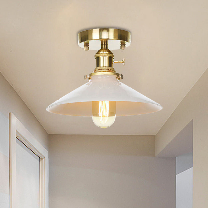 Metal Cone-shaped Ceiling Light Fixture One-light Vintage Semi Flush Mount in White for Kitchen Clearhalo 'Ceiling Lights' 'Close To Ceiling Lights' 'Close to ceiling' 'Semi-flushmount' Lighting' 1871240