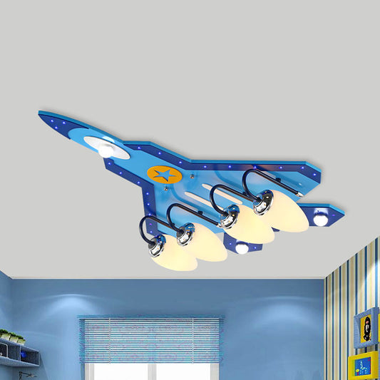 4&3 Lights Airplane Ceiling Mount Light Modern Style Wood Glass Ceiling Lamp in Blue for Child Bedroom 4 Blue Clearhalo 'Ceiling Lights' 'Close To Ceiling Lights' 'Close to ceiling' 'Flush mount' Lighting' 187132