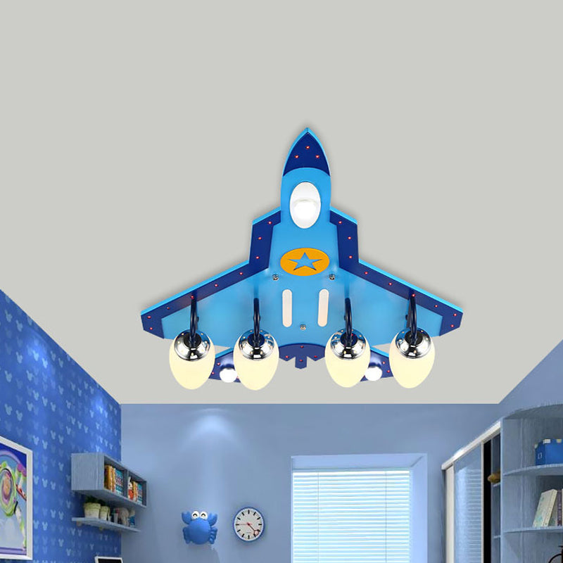 4&3 Lights Airplane Ceiling Mount Light Modern Style Wood Glass Ceiling Lamp in Blue for Child Bedroom Clearhalo 'Ceiling Lights' 'Close To Ceiling Lights' 'Close to ceiling' 'Flush mount' Lighting' 187133