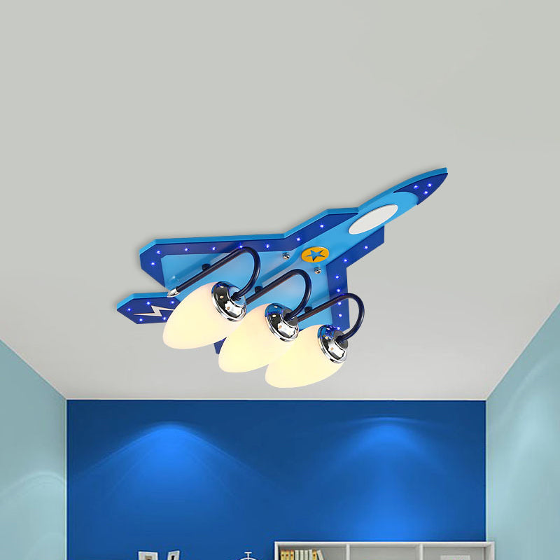 4&3 Lights Airplane Ceiling Mount Light Modern Style Wood Glass Ceiling Lamp in Blue for Child Bedroom 3 Blue Clearhalo 'Ceiling Lights' 'Close To Ceiling Lights' 'Close to ceiling' 'Flush mount' Lighting' 187136