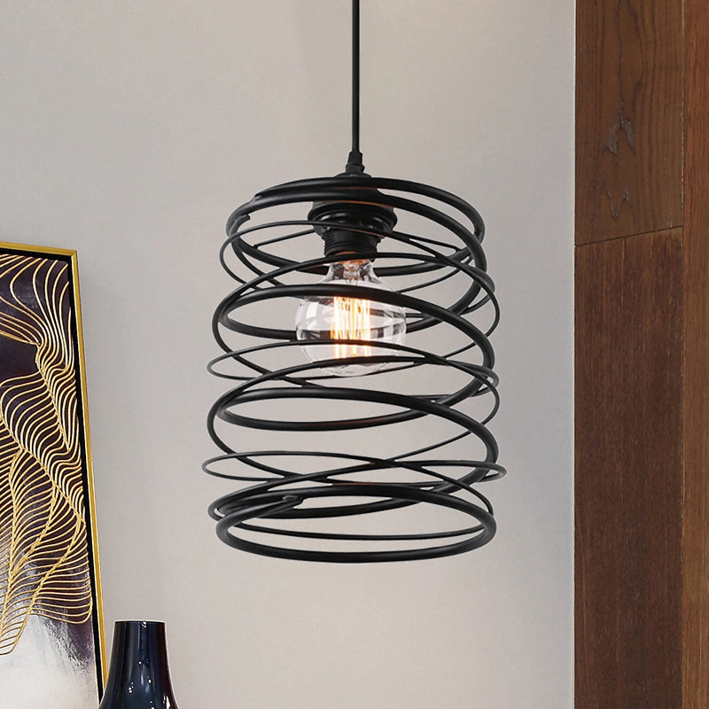 Industrial Style Swirl Shade Pendant Lighting 1 Bulb Metal Ceiling Light Fixture with Ribbon Design in Black Clearhalo 'Ceiling Lights' 'Modern Pendants' 'Modern' 'Pendant Lights' 'Pendants' Lighting' 1871360