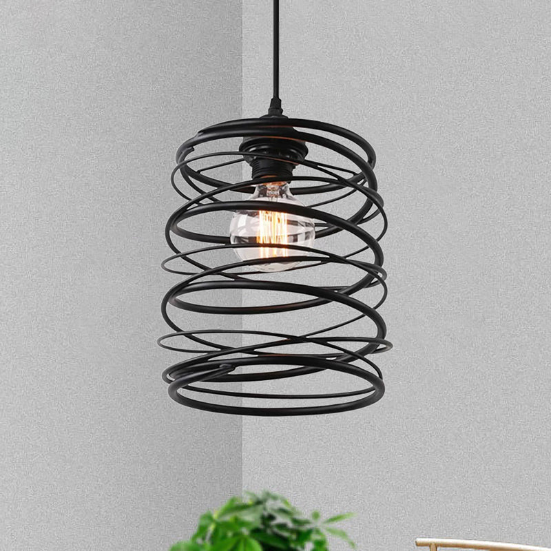 Industrial Style Swirl Shade Pendant Lighting 1 Bulb Metal Ceiling Light Fixture with Ribbon Design in Black Clearhalo 'Ceiling Lights' 'Modern Pendants' 'Modern' 'Pendant Lights' 'Pendants' Lighting' 1871361