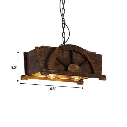Brown Wood Rectangle Hanging Light 2-bulb Antique Ceiling Fixture for Restaurant Clearhalo 'Ceiling Lights' 'Chandeliers' Lighting' options 1871378