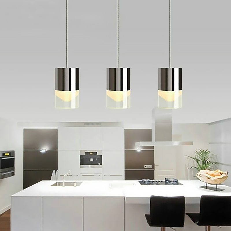 Triple Light Cylinder Hanging Lamp Modern Simple Metal and Glass Chrome Pendant Light for Bar Clearhalo 'Ceiling Lights' 'Modern Pendants' 'Modern' 'Pendant Lights' 'Pendants' Lighting' 187139