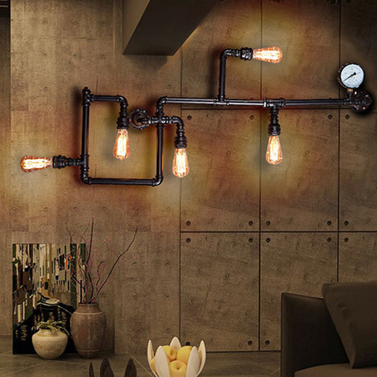 Metal Maze Design Sconce Light with Water Pipe Industrial 5-light Restaurant Wall Lamp in Black Black Clearhalo 'Art deco wall lights' 'Cast Iron' 'Glass' 'Industrial wall lights' 'Industrial' 'Middle century wall lights' 'Modern' 'Rustic wall lights' 'Tiffany' 'Traditional wall lights' 'Wall Lamps & Sconces' 'Wall Lights' Lighting' 1871400