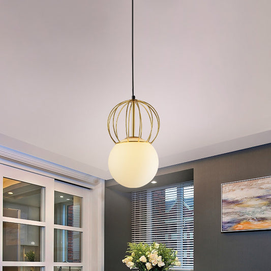 White Globe Suspension Light with Melon Iron Wire 1 Bulb Modern Frosted Glass Hanging Light for Bedroom Clearhalo 'Ceiling Lights' 'Glass shade' 'Glass' 'Modern Pendants' 'Modern' 'Pendant Lights' 'Pendants' Lighting' 1871497