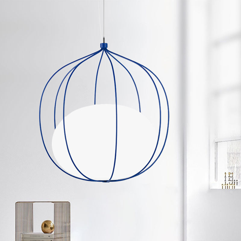 Modern Style Pendant Light Egg Milk Glass Suspension Light with Melon Wire Frame for Office Blue Clearhalo 'Ceiling Lights' 'Modern Pendants' 'Modern' 'Pendant Lights' 'Pendants' Lighting' 1871527