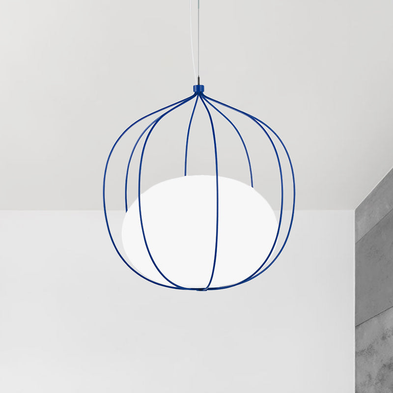 Modern Style Pendant Light Egg Milk Glass Suspension Light with Melon Wire Frame for Office Clearhalo 'Ceiling Lights' 'Modern Pendants' 'Modern' 'Pendant Lights' 'Pendants' Lighting' 1871528