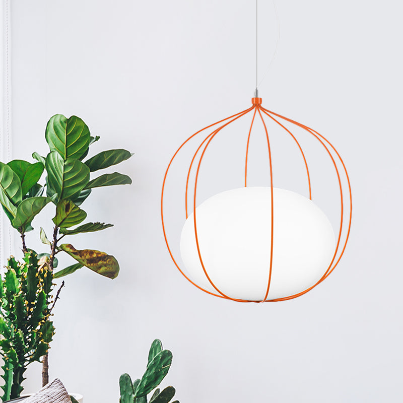 Modern Style Pendant Light Egg Milk Glass Suspension Light with Melon Wire Frame for Office Orange Clearhalo 'Ceiling Lights' 'Modern Pendants' 'Modern' 'Pendant Lights' 'Pendants' Lighting' 1871532