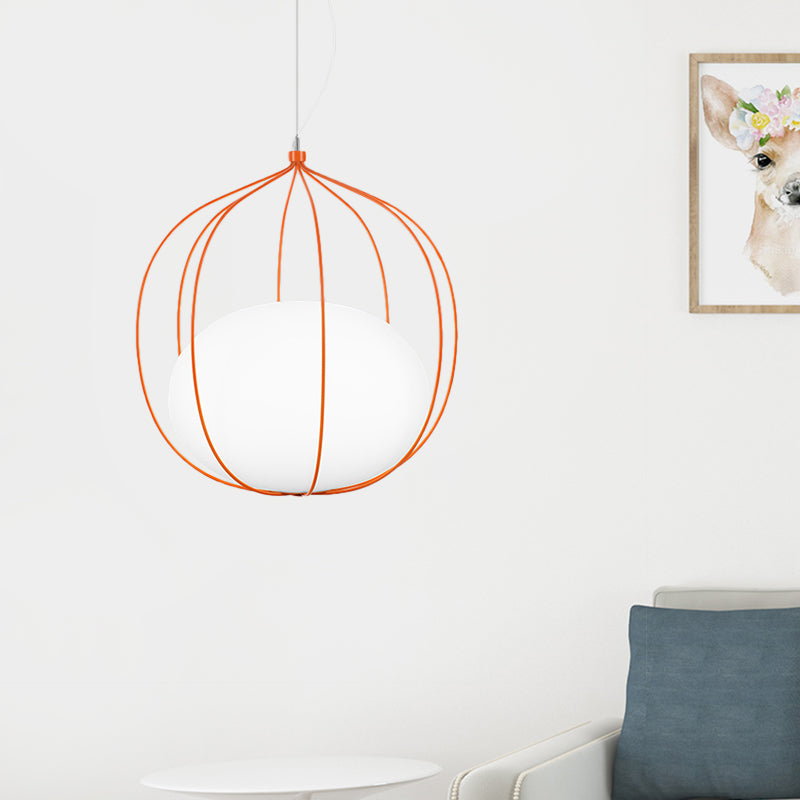 Modern Style Pendant Light Egg Milk Glass Suspension Light with Melon Wire Frame for Office Clearhalo 'Ceiling Lights' 'Modern Pendants' 'Modern' 'Pendant Lights' 'Pendants' Lighting' 1871533