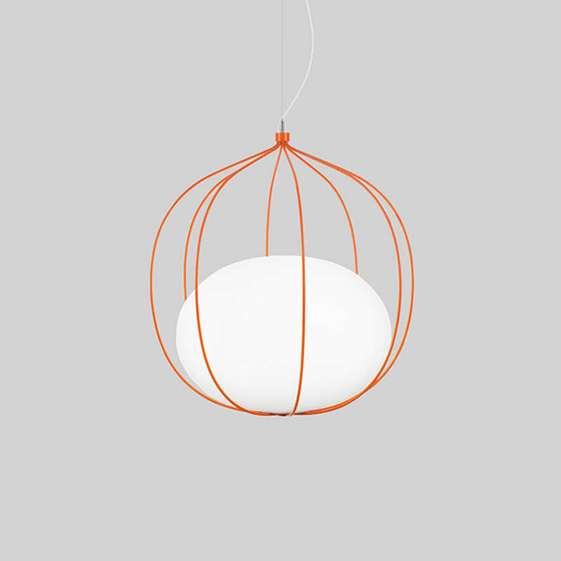 Modern Style Pendant Light Egg Milk Glass Suspension Light with Melon Wire Frame for Office Clearhalo 'Ceiling Lights' 'Modern Pendants' 'Modern' 'Pendant Lights' 'Pendants' Lighting' 1871535