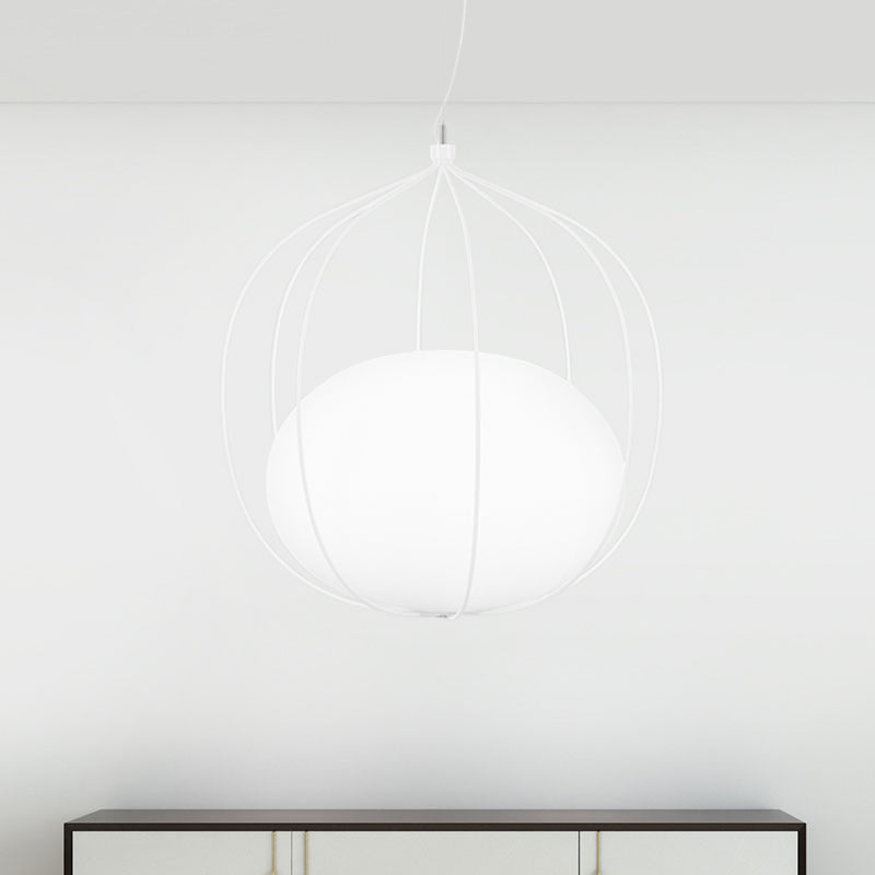 Modern Style Pendant Light Egg Milk Glass Suspension Light with Melon Wire Frame for Office White Clearhalo 'Ceiling Lights' 'Modern Pendants' 'Modern' 'Pendant Lights' 'Pendants' Lighting' 1871536