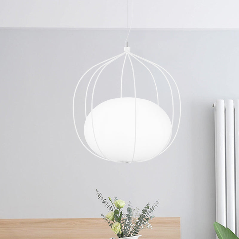 Modern Style Pendant Light Egg Milk Glass Suspension Light with Melon Wire Frame for Office Clearhalo 'Ceiling Lights' 'Modern Pendants' 'Modern' 'Pendant Lights' 'Pendants' Lighting' 1871537