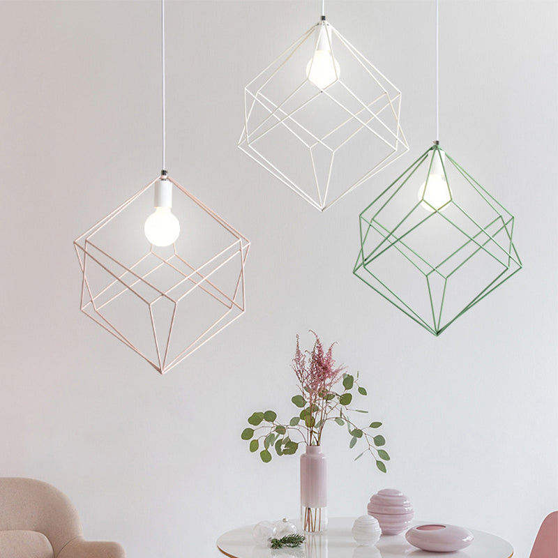 1 Head Cube Cage Pendant Light Macaron Iron Undertint Hanging Lamp for Dining Table Hallway Pink Clearhalo 'Ceiling Lights' 'Modern Pendants' 'Modern' 'Pendant Lights' 'Pendants' Lighting' 1871557