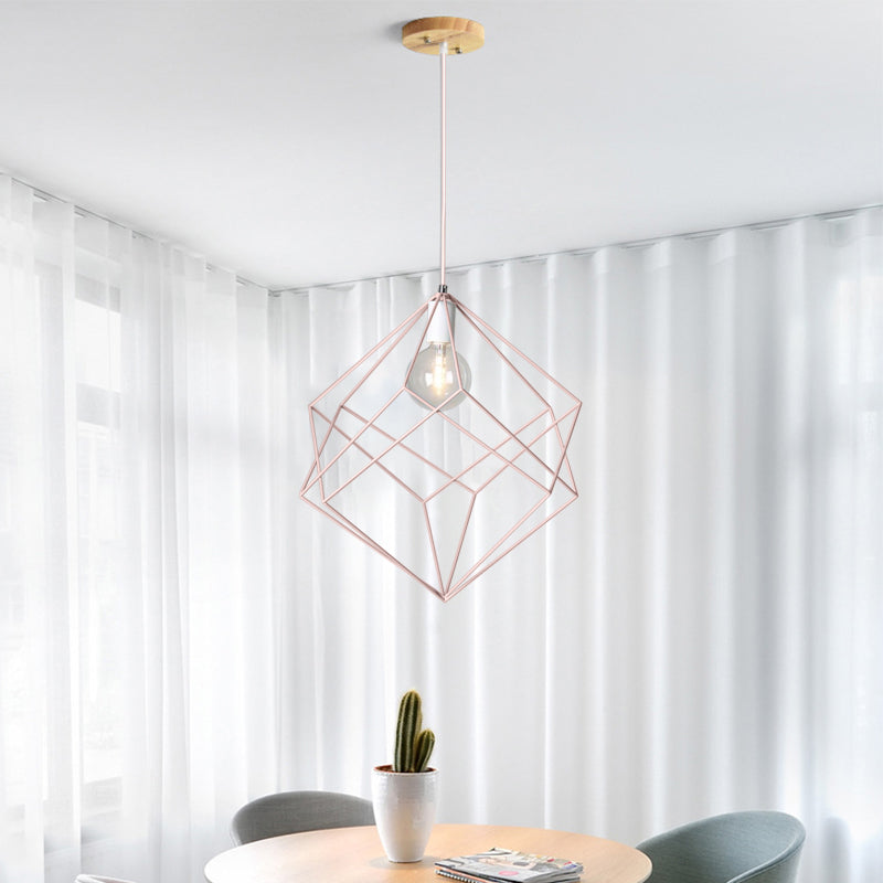 1 Head Cube Cage Pendant Light Macaron Iron Undertint Hanging Lamp for Dining Table Hallway Clearhalo 'Ceiling Lights' 'Modern Pendants' 'Modern' 'Pendant Lights' 'Pendants' Lighting' 1871559