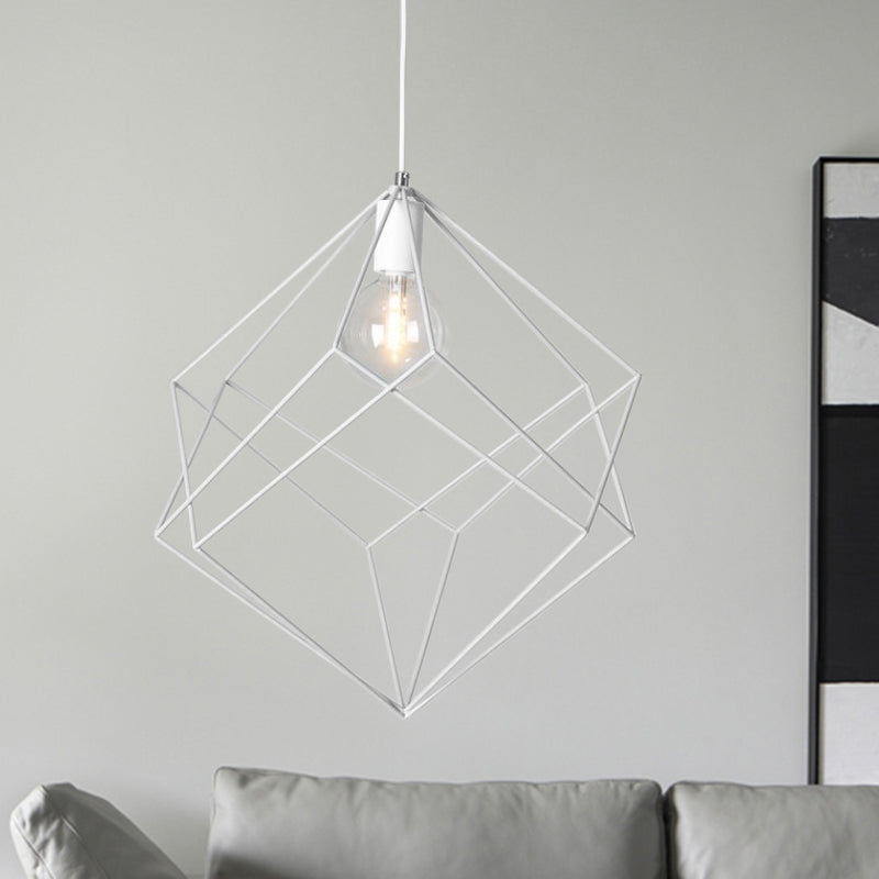 1 Head Cube Cage Pendant Light Macaron Iron Undertint Hanging Lamp for Dining Table Hallway White Clearhalo 'Ceiling Lights' 'Modern Pendants' 'Modern' 'Pendant Lights' 'Pendants' Lighting' 1871562