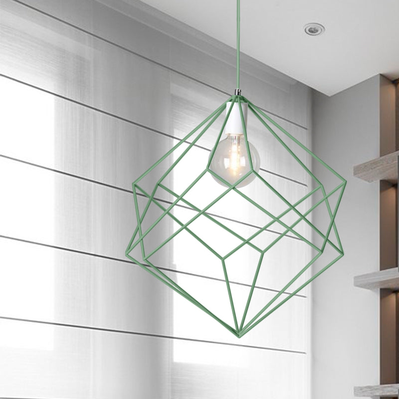 1 Head Cube Cage Pendant Light Macaron Iron Undertint Hanging Lamp for Dining Table Hallway Green Clearhalo 'Ceiling Lights' 'Modern Pendants' 'Modern' 'Pendant Lights' 'Pendants' Lighting' 1871566