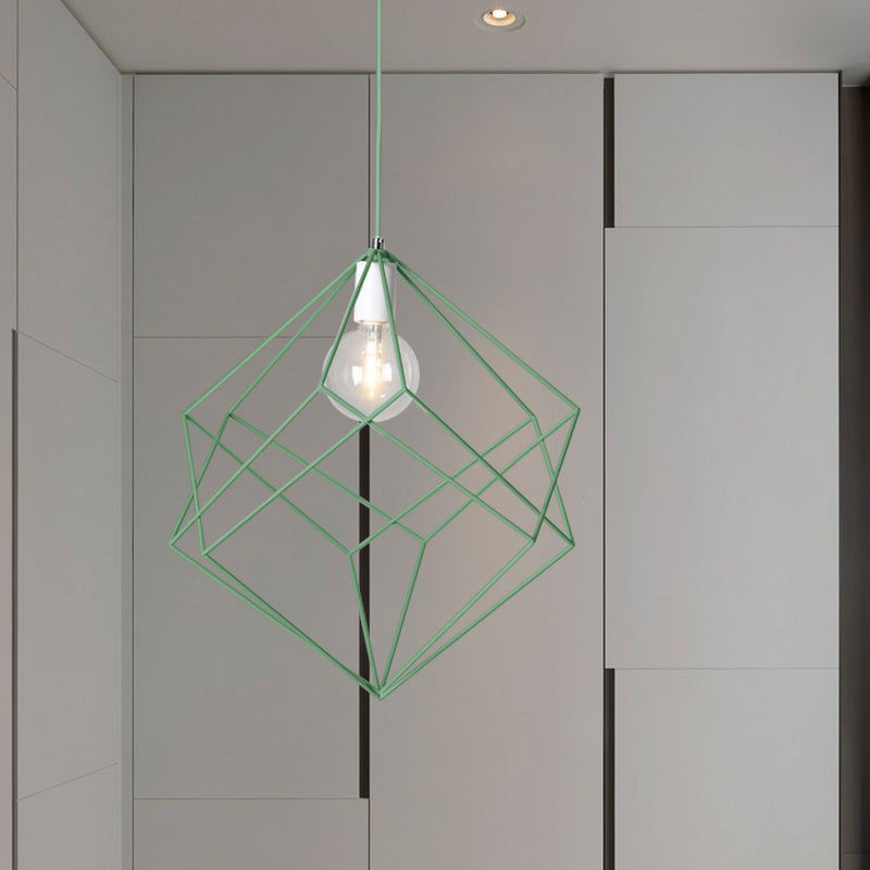 1 Head Cube Cage Pendant Light Macaron Iron Undertint Hanging Lamp for Dining Table Hallway Clearhalo 'Ceiling Lights' 'Modern Pendants' 'Modern' 'Pendant Lights' 'Pendants' Lighting' 1871567