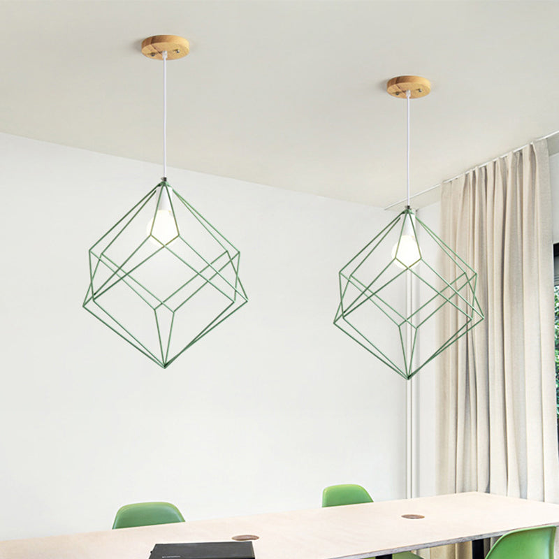 1 Head Cube Cage Pendant Light Macaron Iron Undertint Hanging Lamp for Dining Table Hallway Clearhalo 'Ceiling Lights' 'Modern Pendants' 'Modern' 'Pendant Lights' 'Pendants' Lighting' 1871568