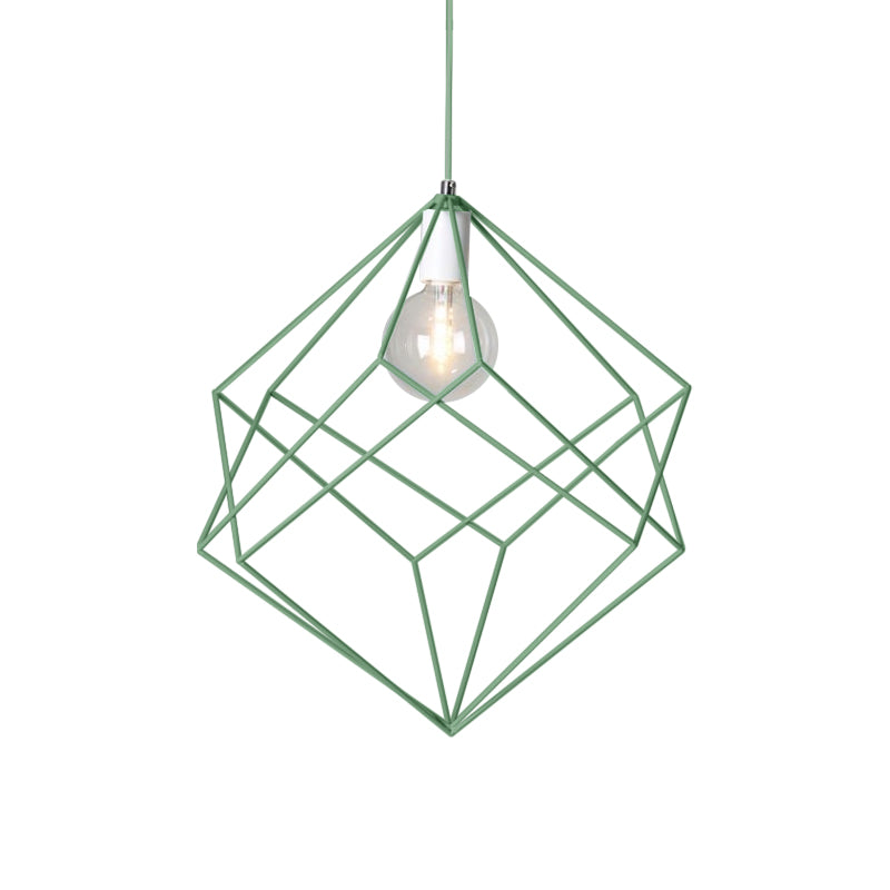 1 Head Cube Cage Pendant Light Macaron Iron Undertint Hanging Lamp for Dining Table Hallway Clearhalo 'Ceiling Lights' 'Modern Pendants' 'Modern' 'Pendant Lights' 'Pendants' Lighting' 1871569