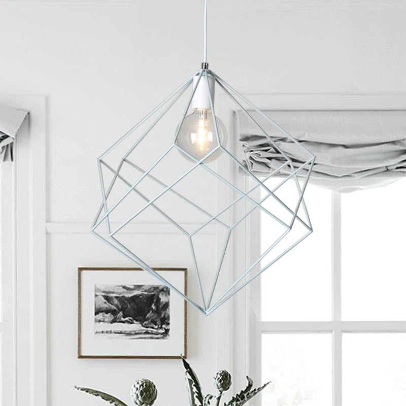 1 Head Cube Cage Pendant Light Macaron Iron Undertint Hanging Lamp for Dining Table Hallway Blue Clearhalo 'Ceiling Lights' 'Modern Pendants' 'Modern' 'Pendant Lights' 'Pendants' Lighting' 1871570