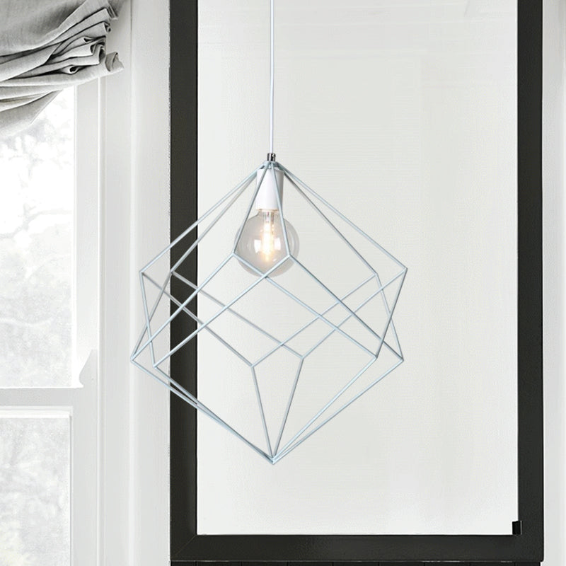 1 Head Cube Cage Pendant Light Macaron Iron Undertint Hanging Lamp for Dining Table Hallway Clearhalo 'Ceiling Lights' 'Modern Pendants' 'Modern' 'Pendant Lights' 'Pendants' Lighting' 1871572