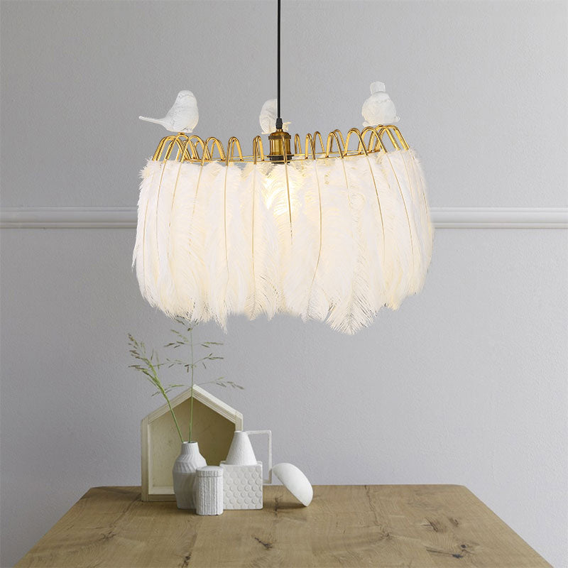 Contemporary Drum Pendant Lamp with Bird Fabric 1 Light White Hanging Lamp for Bedroom White Clearhalo 'Ceiling Lights' 'Modern Pendants' 'Modern' 'Pendant Lights' 'Pendants' Lighting' 1871579