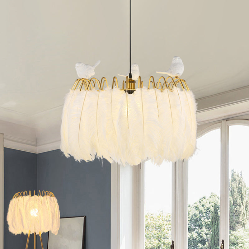 Contemporary Drum Pendant Lamp with Bird Fabric 1 Light White Hanging Lamp for Bedroom Clearhalo 'Ceiling Lights' 'Modern Pendants' 'Modern' 'Pendant Lights' 'Pendants' Lighting' 1871580