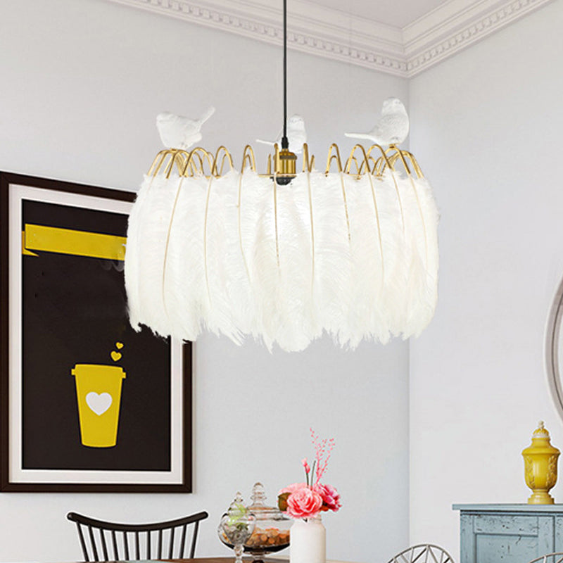 Contemporary Drum Pendant Lamp with Bird Fabric 1 Light White Hanging Lamp for Bedroom Clearhalo 'Ceiling Lights' 'Modern Pendants' 'Modern' 'Pendant Lights' 'Pendants' Lighting' 1871581