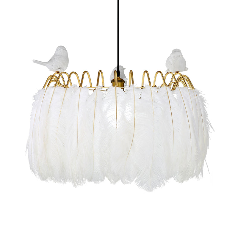 Contemporary Drum Pendant Lamp with Bird Fabric 1 Light White Hanging Lamp for Bedroom Clearhalo 'Ceiling Lights' 'Modern Pendants' 'Modern' 'Pendant Lights' 'Pendants' Lighting' 1871582