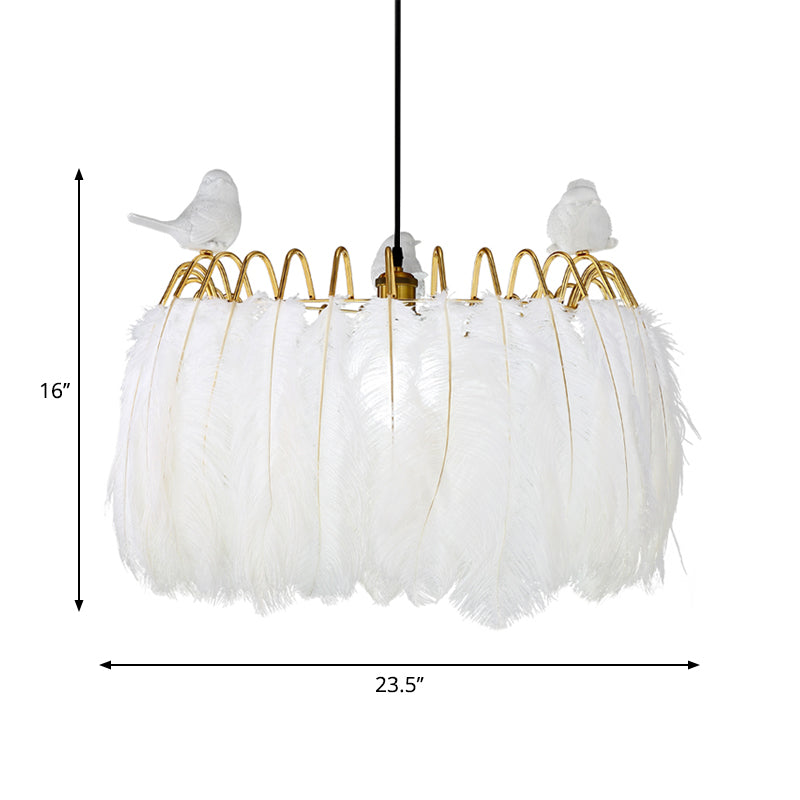 Contemporary Drum Pendant Lamp with Bird Fabric 1 Light White Hanging Lamp for Bedroom Clearhalo 'Ceiling Lights' 'Modern Pendants' 'Modern' 'Pendant Lights' 'Pendants' Lighting' 1871583