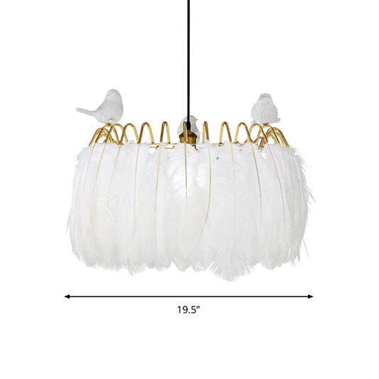 Contemporary Drum Pendant Lamp with Bird Fabric 1 Light White Hanging Lamp for Bedroom Clearhalo 'Ceiling Lights' 'Modern Pendants' 'Modern' 'Pendant Lights' 'Pendants' Lighting' 1871584