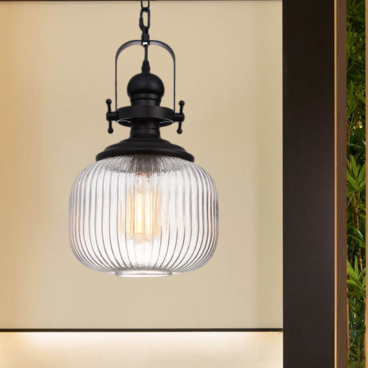 Black Cylinder/Oval Ceiling Light Industrial Striped Glass 1 Light Living Room Pendant Lighting Fixture Black Cylinder Clearhalo 'Ceiling Lights' 'Glass shade' 'Glass' 'Industrial Pendants' 'Industrial' 'Middle Century Pendants' 'Pendant Lights' 'Pendants' 'Tiffany' Lighting' 1871873