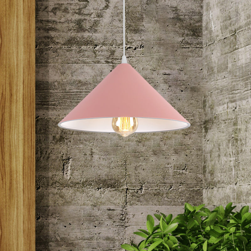 Conic Shade Coffee Shop Ceiling Fixture Macaron Style Metallic 1 Bulb Black/White/Pink Pendant Light Fixture Pink Clearhalo 'Ceiling Lights' 'Modern Pendants' 'Modern' 'Pendant Lights' 'Pendants' Lighting' 1871893