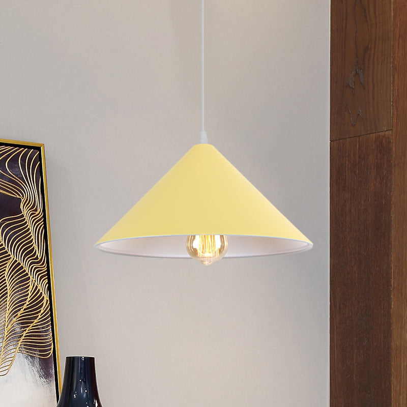 Conic Shade Coffee Shop Ceiling Fixture Macaron Style Metallic 1 Bulb Black/White/Pink Pendant Light Fixture Yellow Clearhalo 'Ceiling Lights' 'Modern Pendants' 'Modern' 'Pendant Lights' 'Pendants' Lighting' 1871906