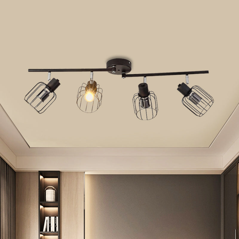 4 Lights Semi-Flush Ceiling Light Industrial Linear Iron Lighting Fixture with Mini Drum Cage Shade in Black for Coffee Shop Black Clearhalo 'Ceiling Lights' 'Close To Ceiling Lights' 'Close to ceiling' 'Semi-flushmount' Lighting' 1871990